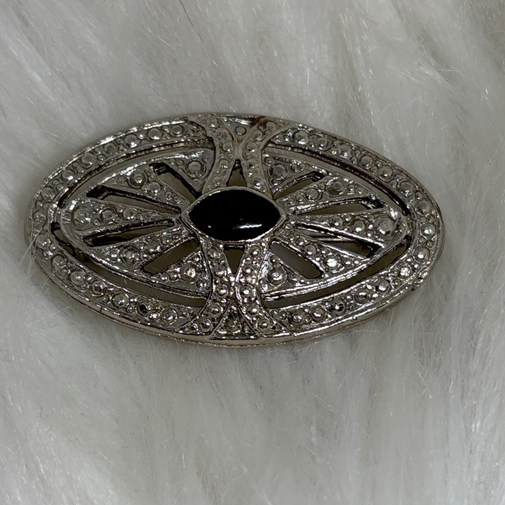 Vintage Oval Black Onyx Marcasite Brooch